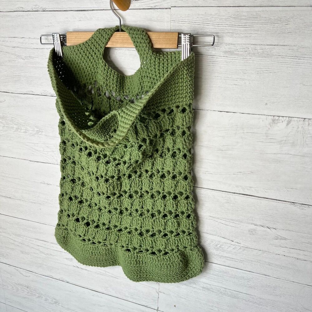 Handmade Purse Womens Green Crochet Bag Tote with Handle Grannycore Bohemian